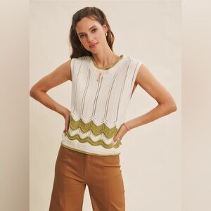 Cream Sage Knit Sweater Vest Large Cable Knit Chevron Hem Cottagecore Boho Retro